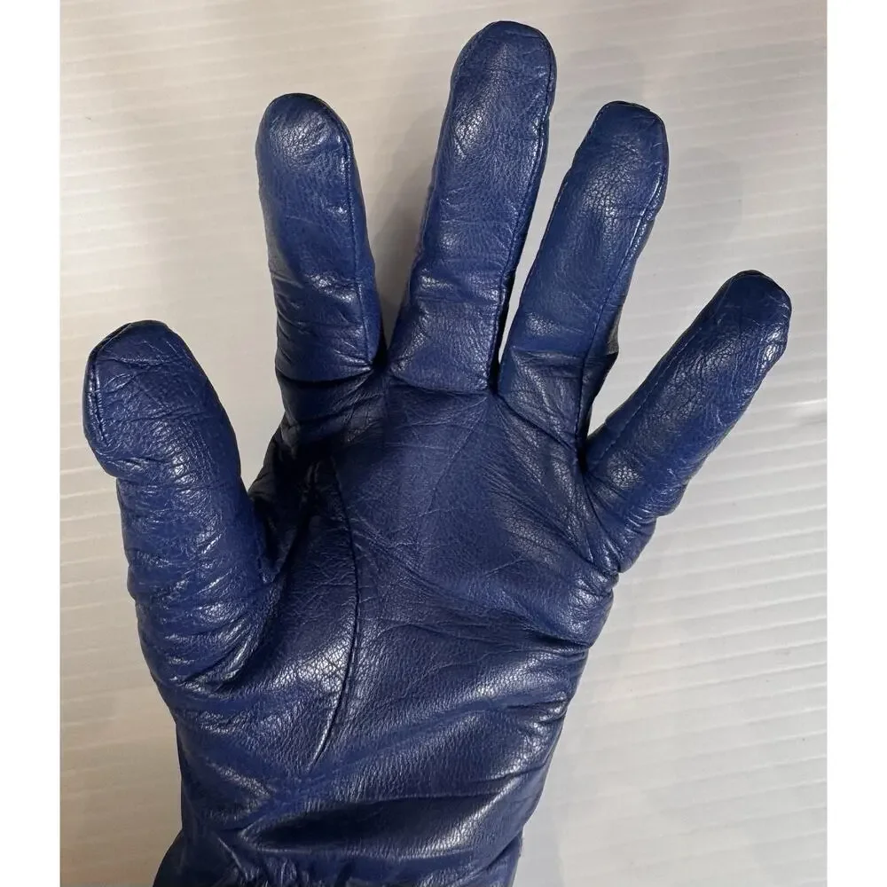 Lauren Ralph Lauren Blue Leather Gloves Womens L Gold Crest Buttons Lined